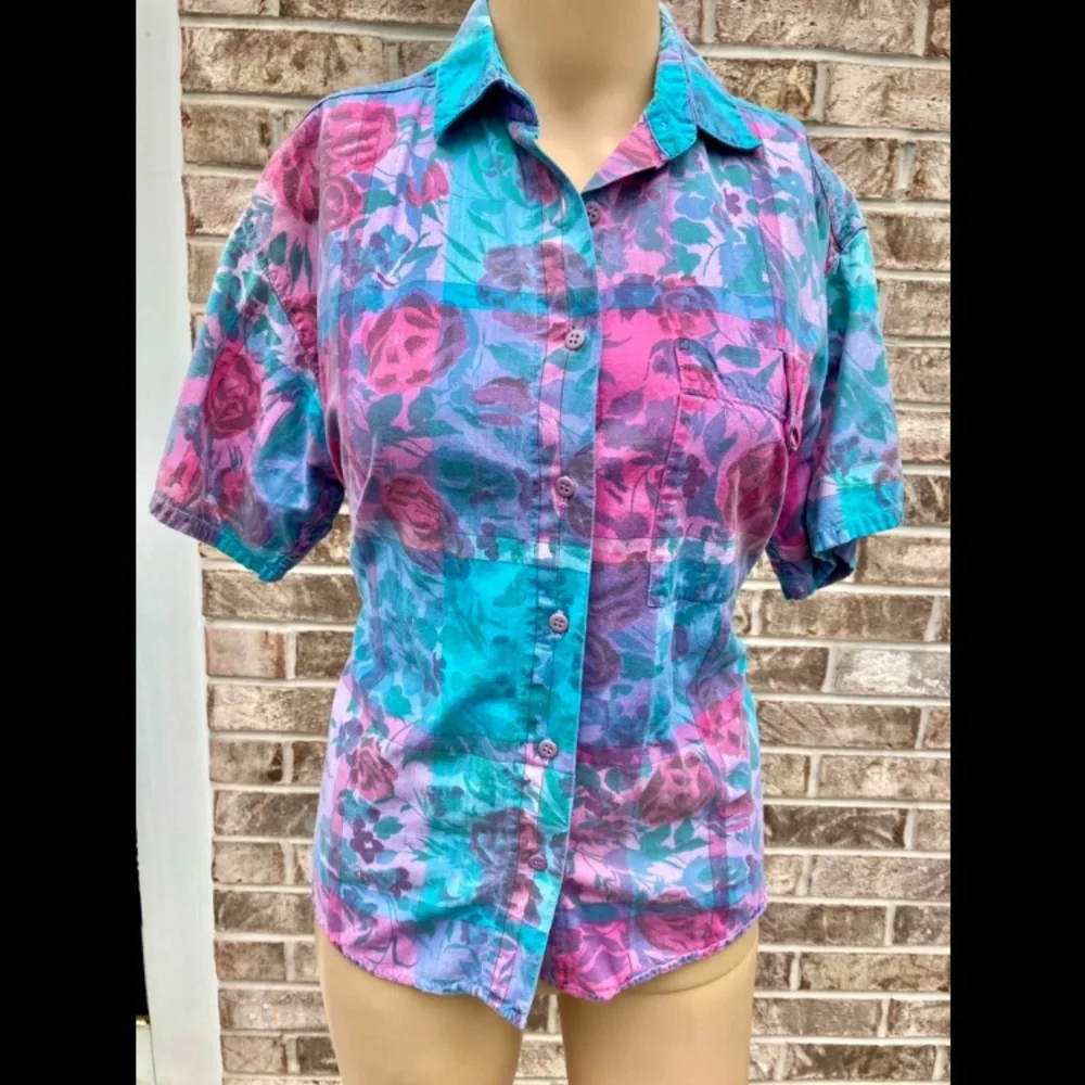 Vintage 90s Floral Abstract Button Down Shirt - Picture 2 of 8
